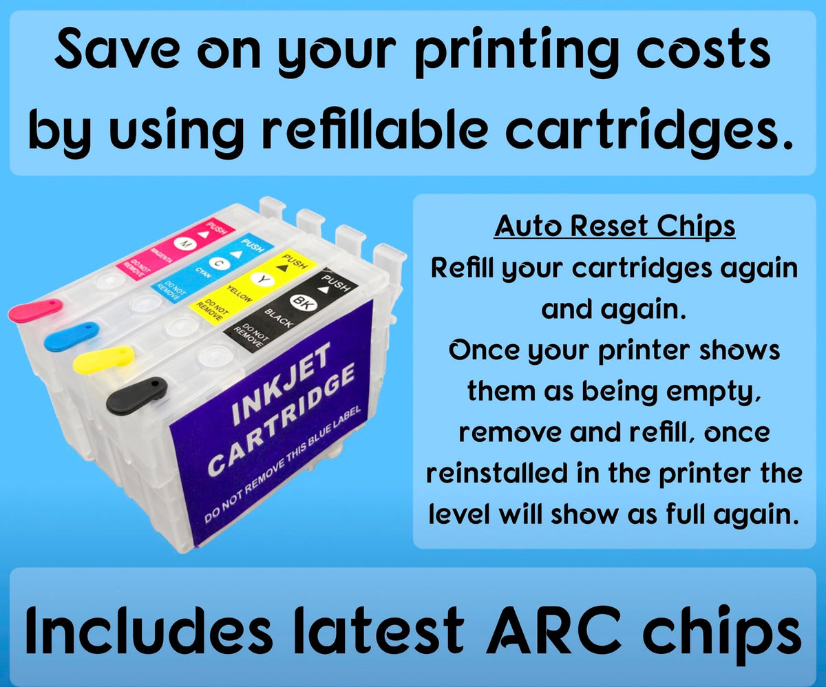 29XL EPSON CARTRIDGES WITH ARC CHIPS + 350ML INK + SYRINGES & NEEDLES